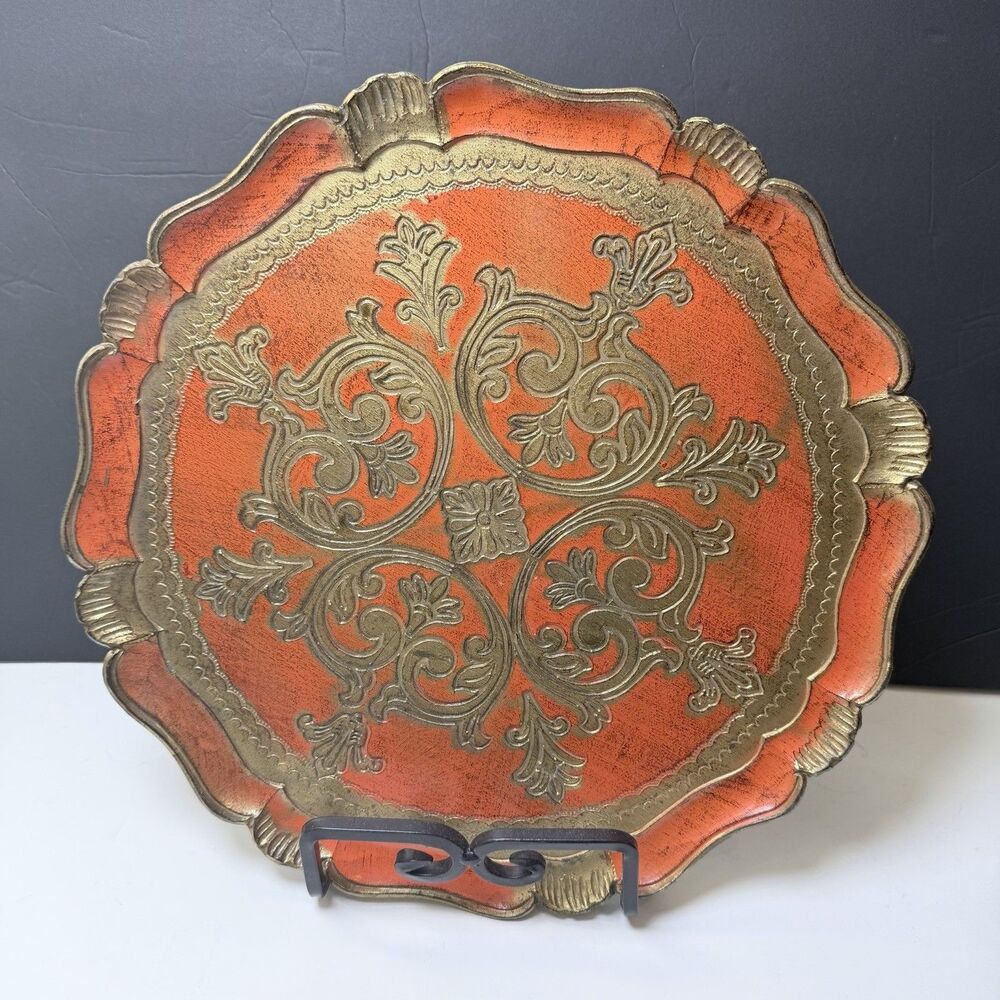 Vintage Italian Florentine Tray Orange Gold Gilt Ornate Round 15" Made in Italy